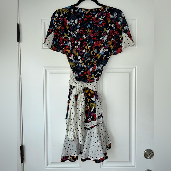 Tanya Taylor Bianca Combo Silk Wrap Dress size 0 mixed print ruffle mini - Picture 4 of 5